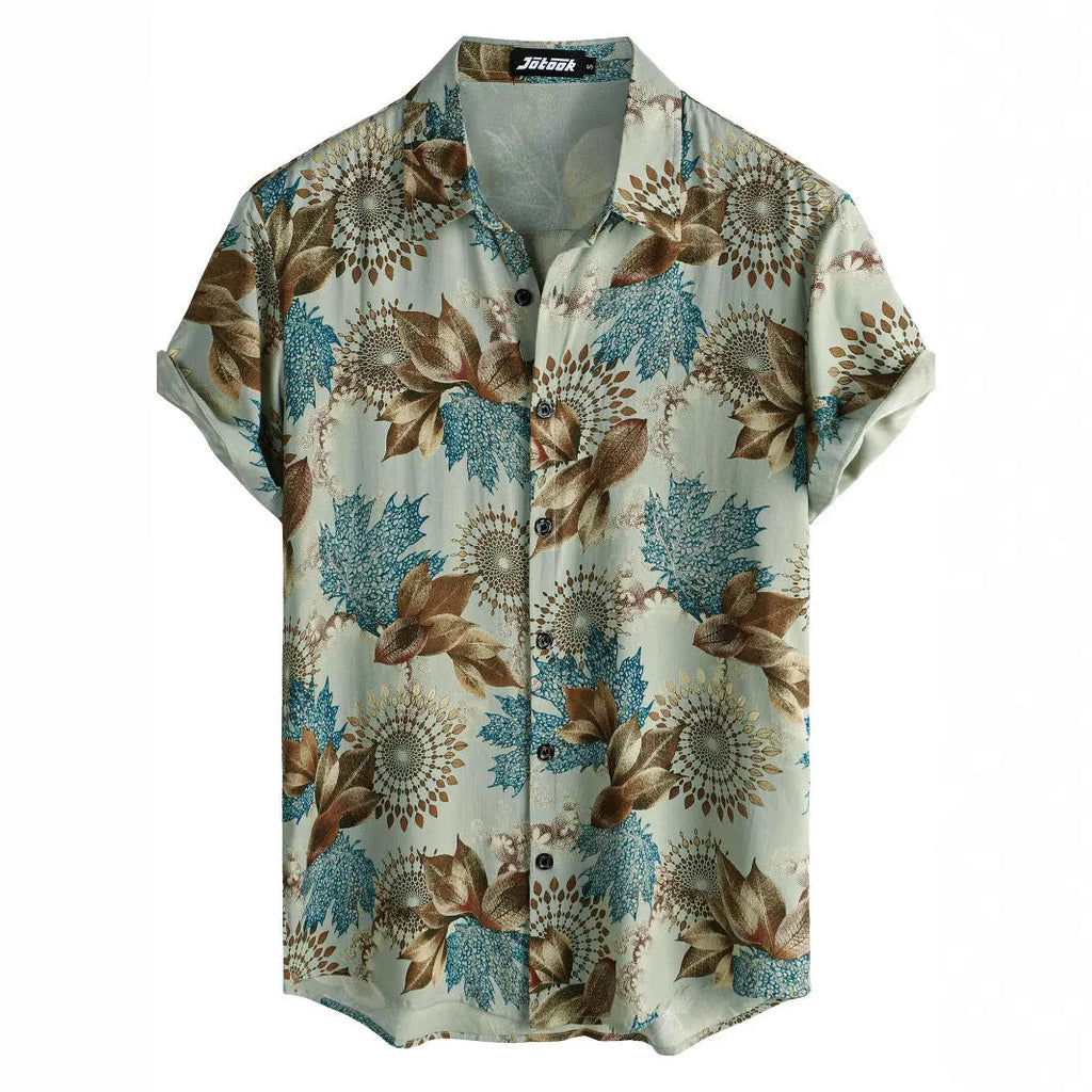 Man wearing a short sleeve Hawaiian shirt with a colourful floral print pattern.