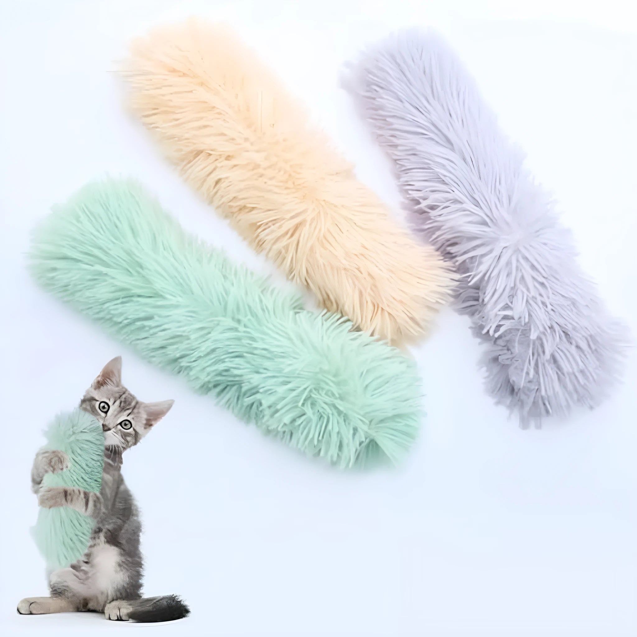 Soft plush cat toys with catnip filling and crinkle sounds in various bright colours for indoor feline play