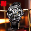 Men's automatic skeleton watch with brown leather strap and stainless steel barrel case