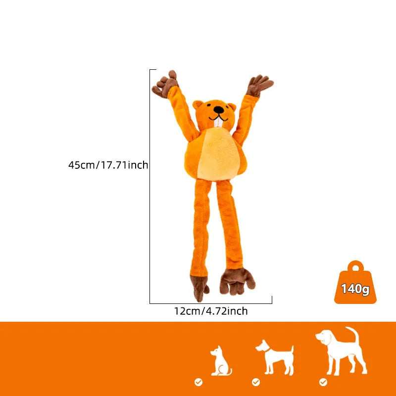 Orange soft plush dog toy with noise-maker for tug-of-war and chewing play