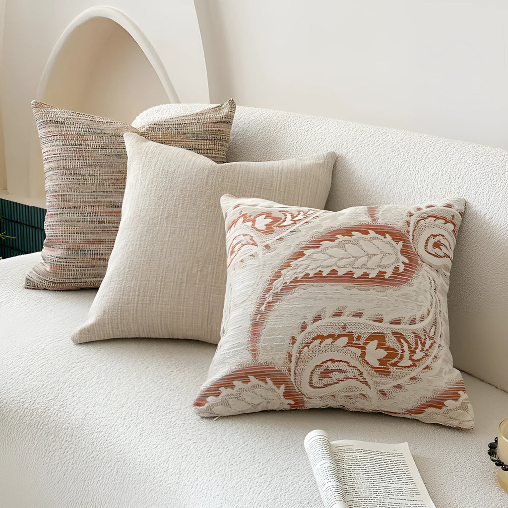 American-style jacquard paisley cushion cover in amber colour showing plant and flower pattern