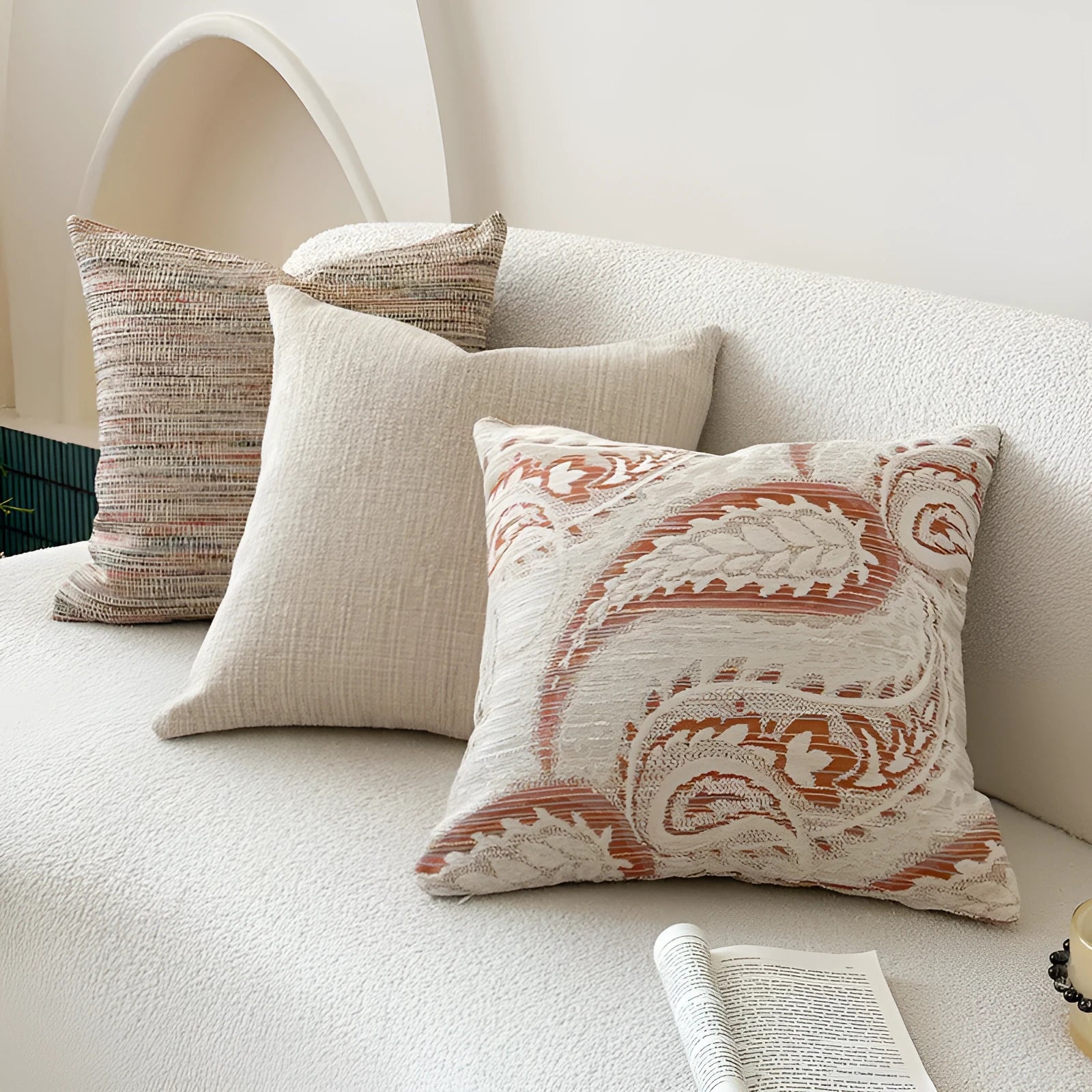 American-style jacquard paisley cushion cover in amber colour showing plant and flower pattern