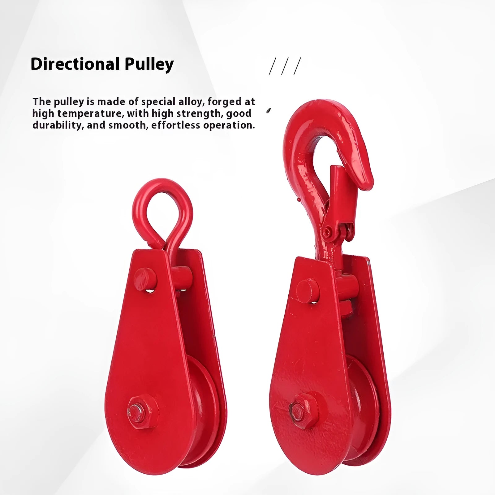 Red industrial steel lifting pulley with a forged ring hook and safety latch for wire rope.
