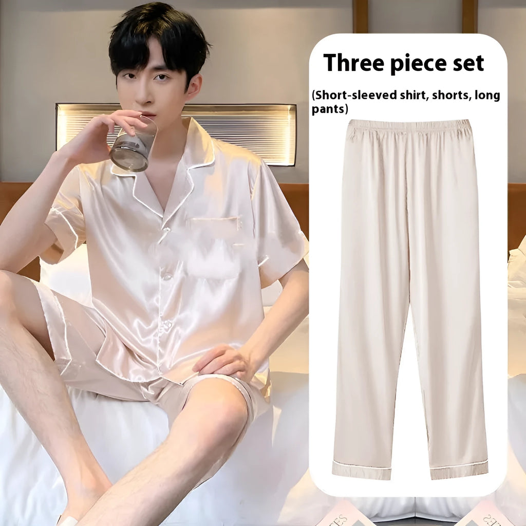 Men's ice silk three-piece home wear set showing thin fabric texture with shorts and trousers options