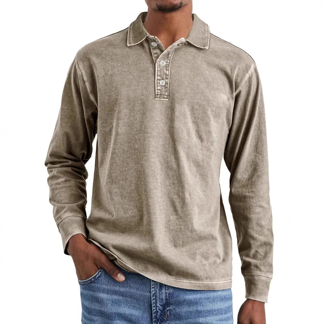 Retro washed distressed pure cotton lapel long sleeve polo shirt in Army Green.