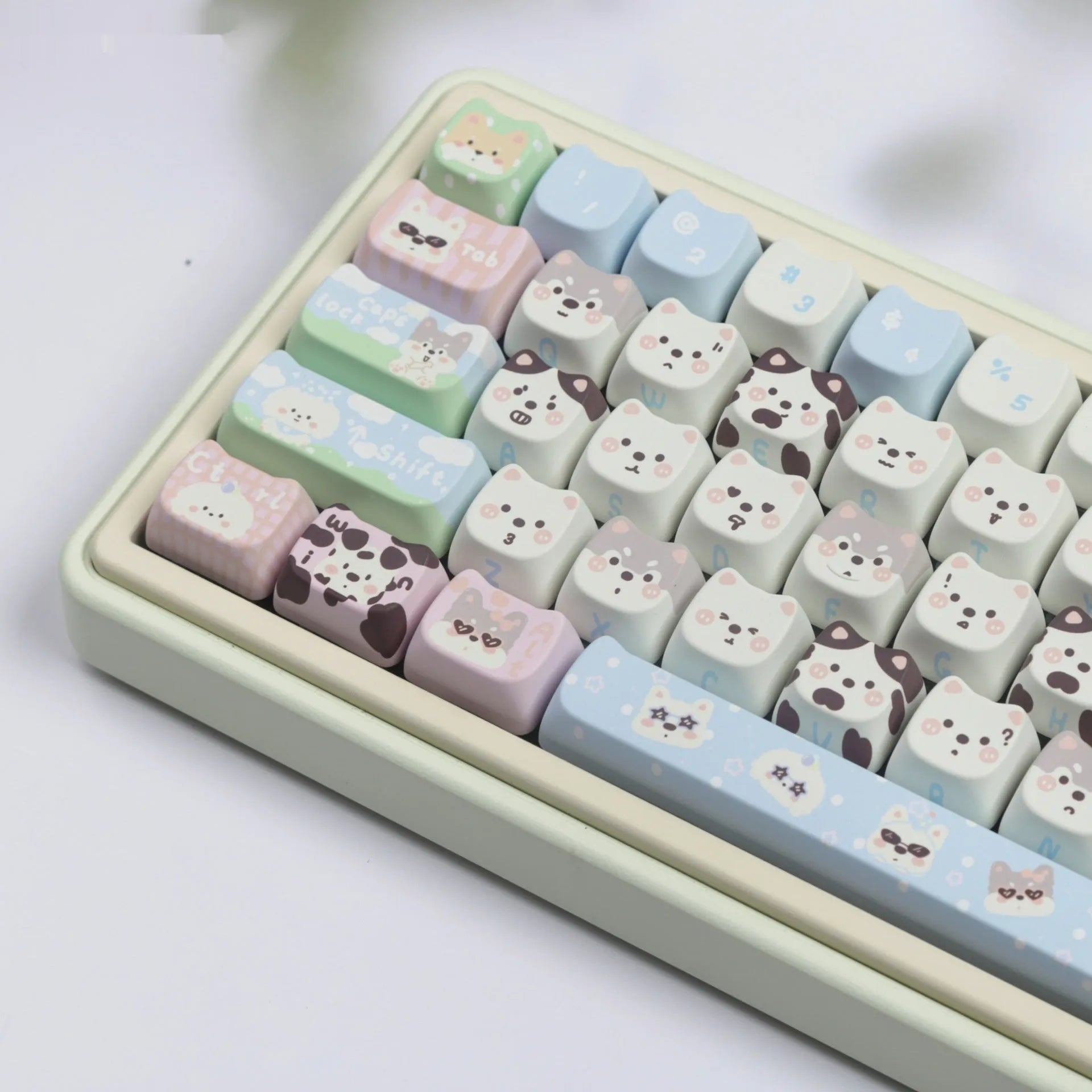 PBT key cap set with cat and puppy sublimation designs for mechanical keyboard customisation