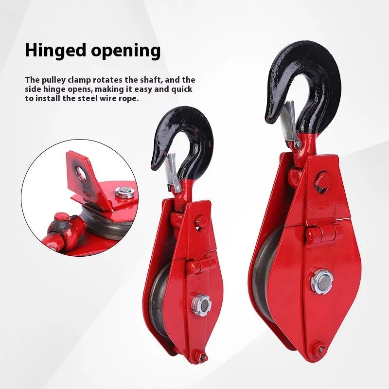 Red industrial steel lifting pulley with a forged ring hook and safety latch for wire rope.