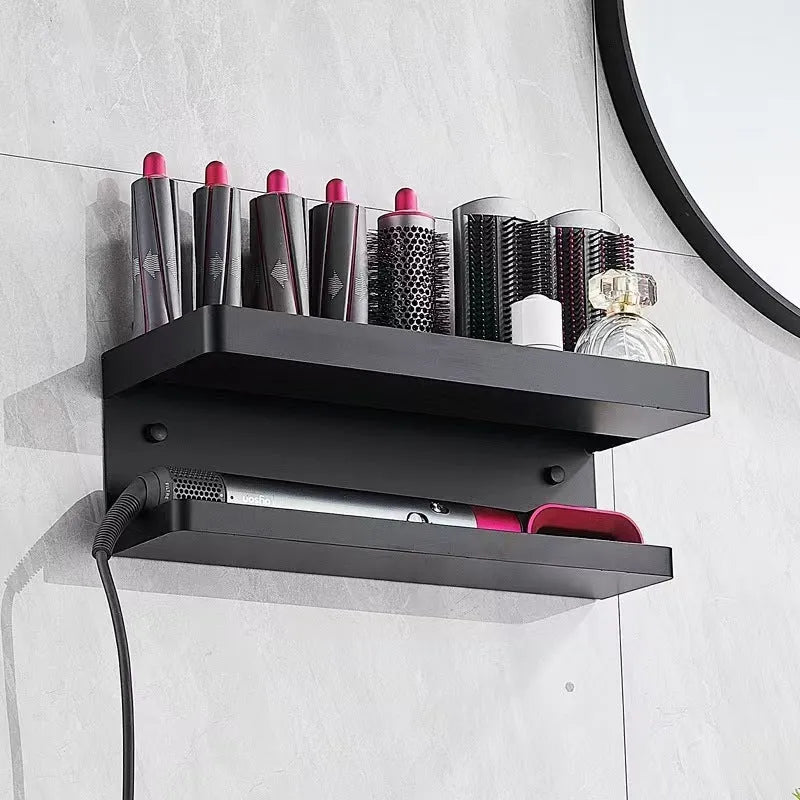 White aluminium punch-free bathroom storage rack with dual layers for hair curlers