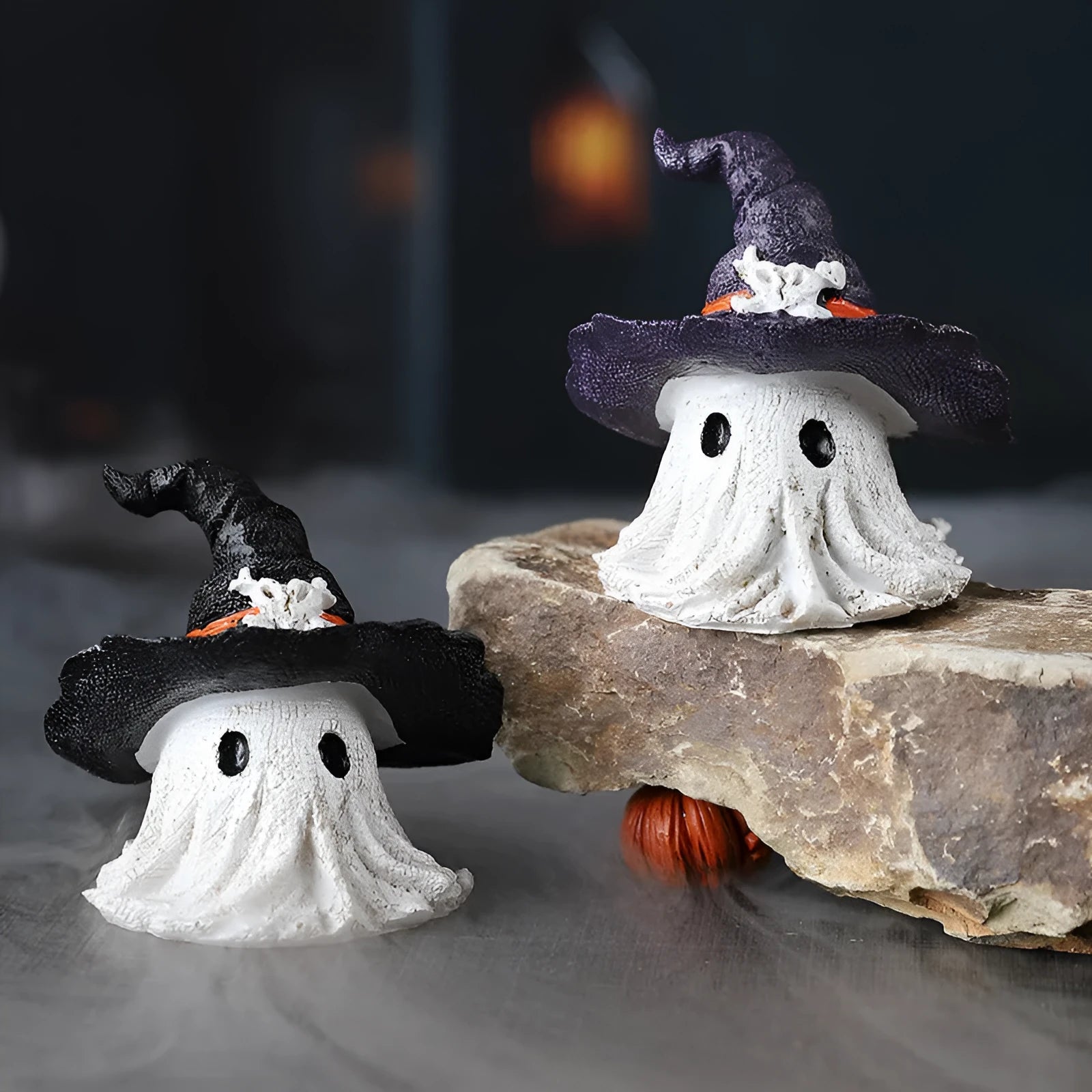 Resin wizard hat Halloween ornament in black and purple colours for festive decoration