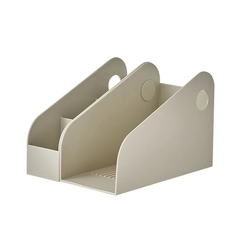 Plastic desktop storage organiser with two tiers in milk coffee colour on a desk