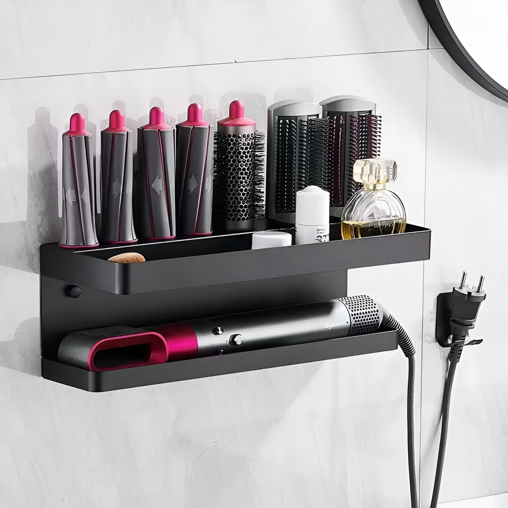 White aluminium punch-free bathroom storage rack with dual layers for hair curlers