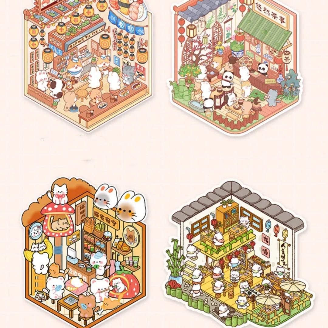 3D stereo miniature cottage landscaping stickers made of clear PET material with cartoon animal designs