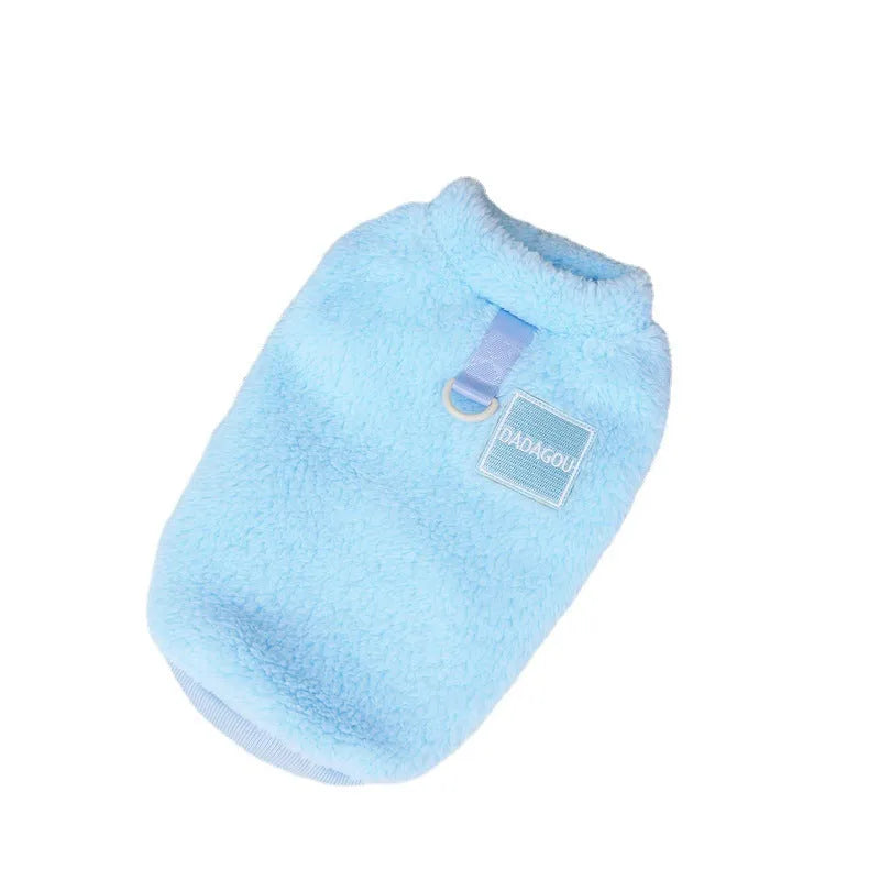 Coral fleece pet jacket with five-colour pull rings in blue, sizes S to XXL