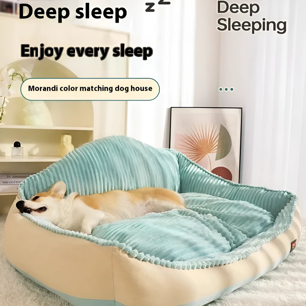 Morandi colour kennel-style washable pet bed for dogs and cats on a sofa, shown in two sizes.