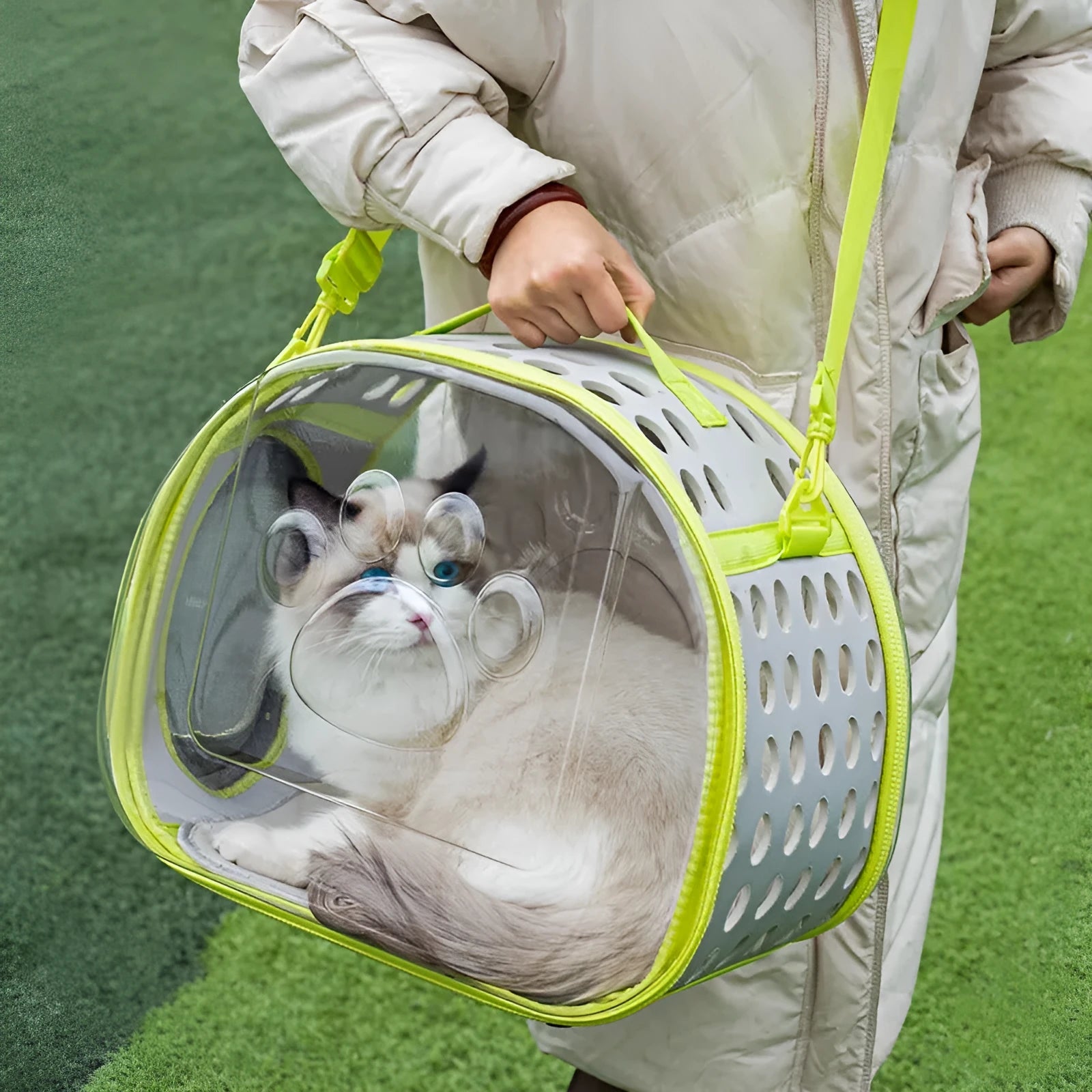 Large transparent cat carrier backpack in hard EVA material showing space capsule design