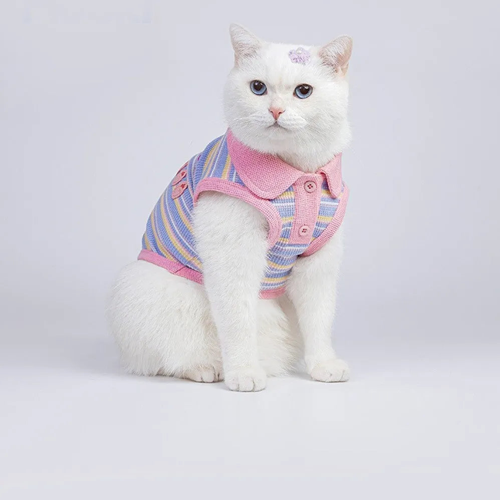 Pink purple knitted vest for small dogs and cats shown on size chart from XXS to XXL.
