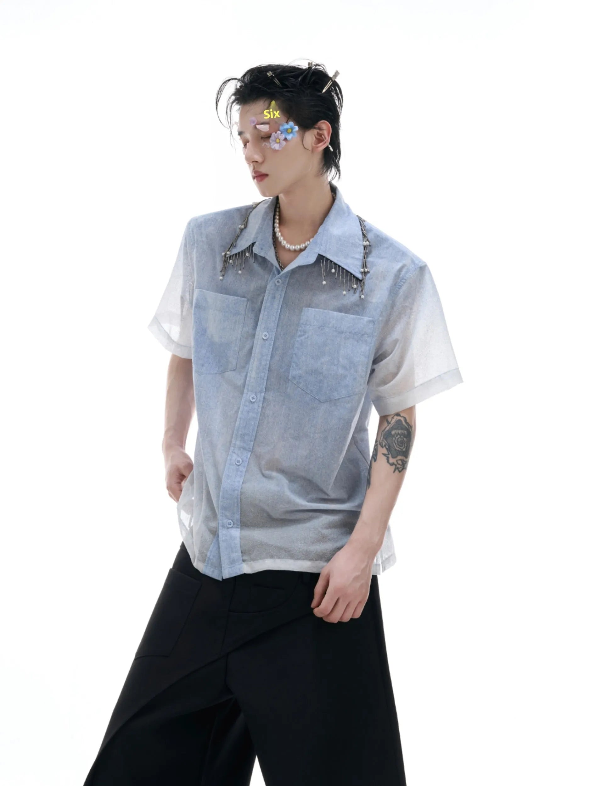 Blue loose fit half sleeve shirt with a blue to white gradient pattern on the front.