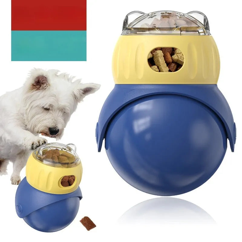 Owl-shaped plastic tumbler cat puzzle toy in Morandi yellow and blue colours for self-service feeding