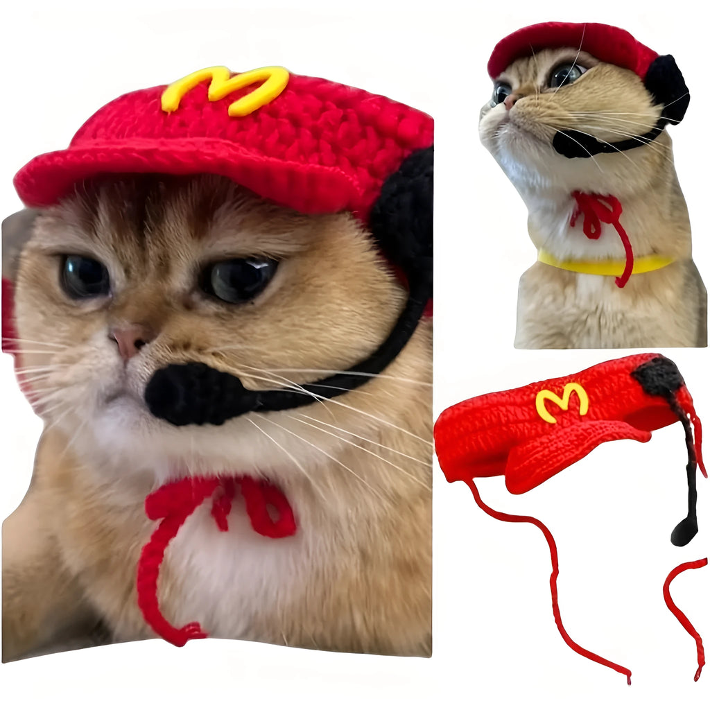 Handmade white cotton knitted sweater and red-trimmed chef hat for a small dog wearing the costume.