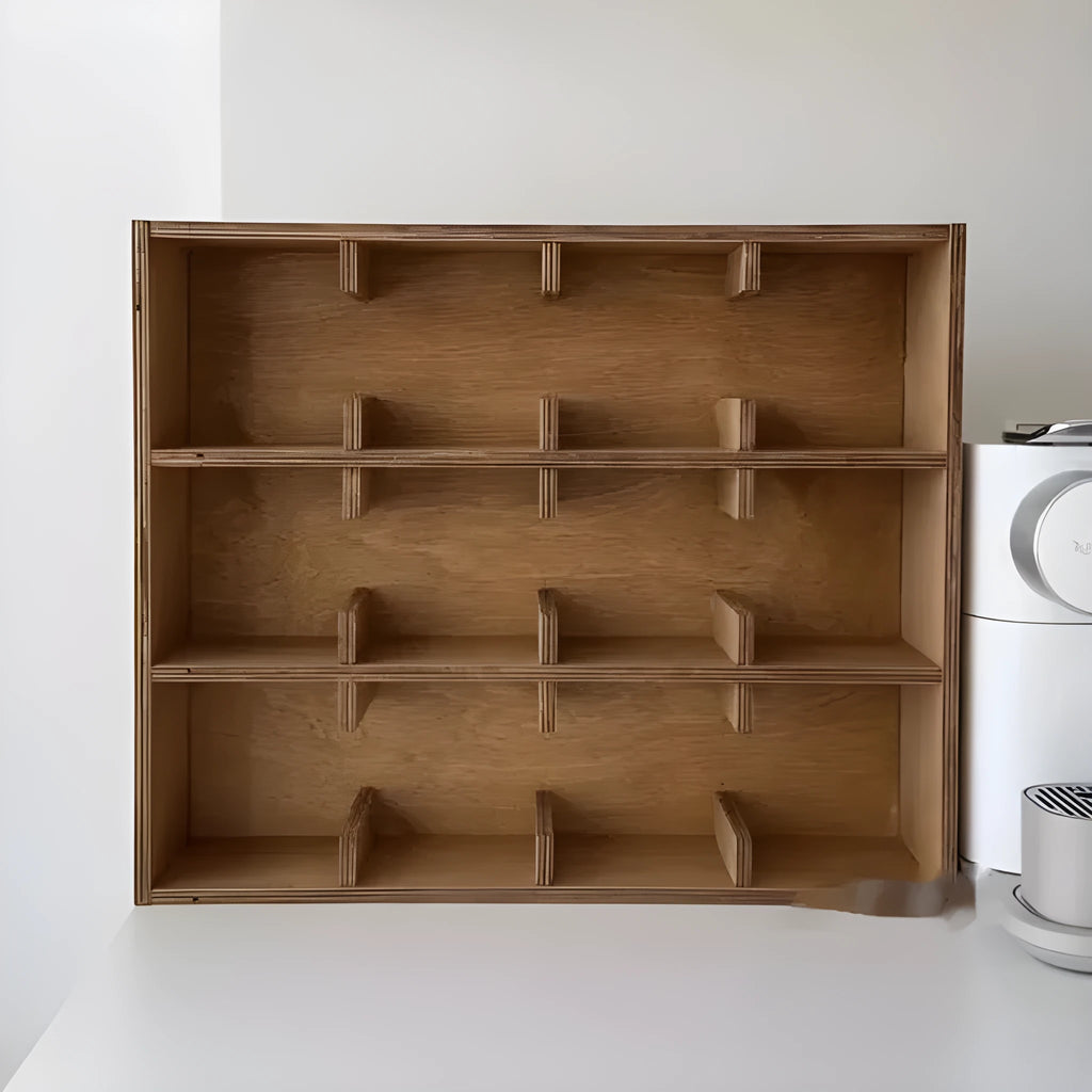 Square wooden storage rack with multiple grid compartments for cups in a birch wood finish.