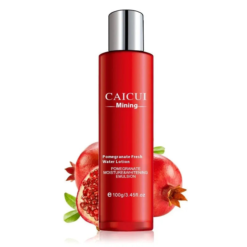 Pomegranate skincare set with four red packaged products: cleanser, toner, lotion and facial cream