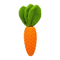 Orange carrot-shaped dog chew toy with rubber and plush texture, 21cm long, suitable for all breeds