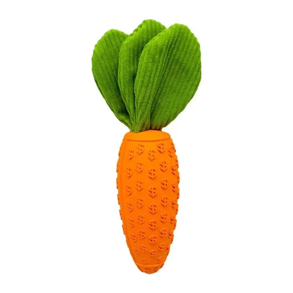 Orange carrot-shaped dog chew toy with rubber and plush texture, 21cm long, suitable for all breeds