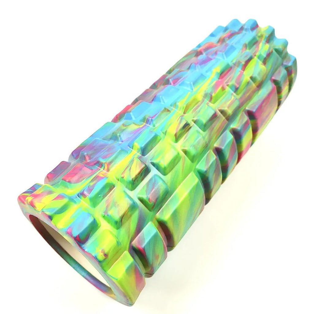 33cm camouflage pattern EVA foam roller in blue, green, and yellow colours.