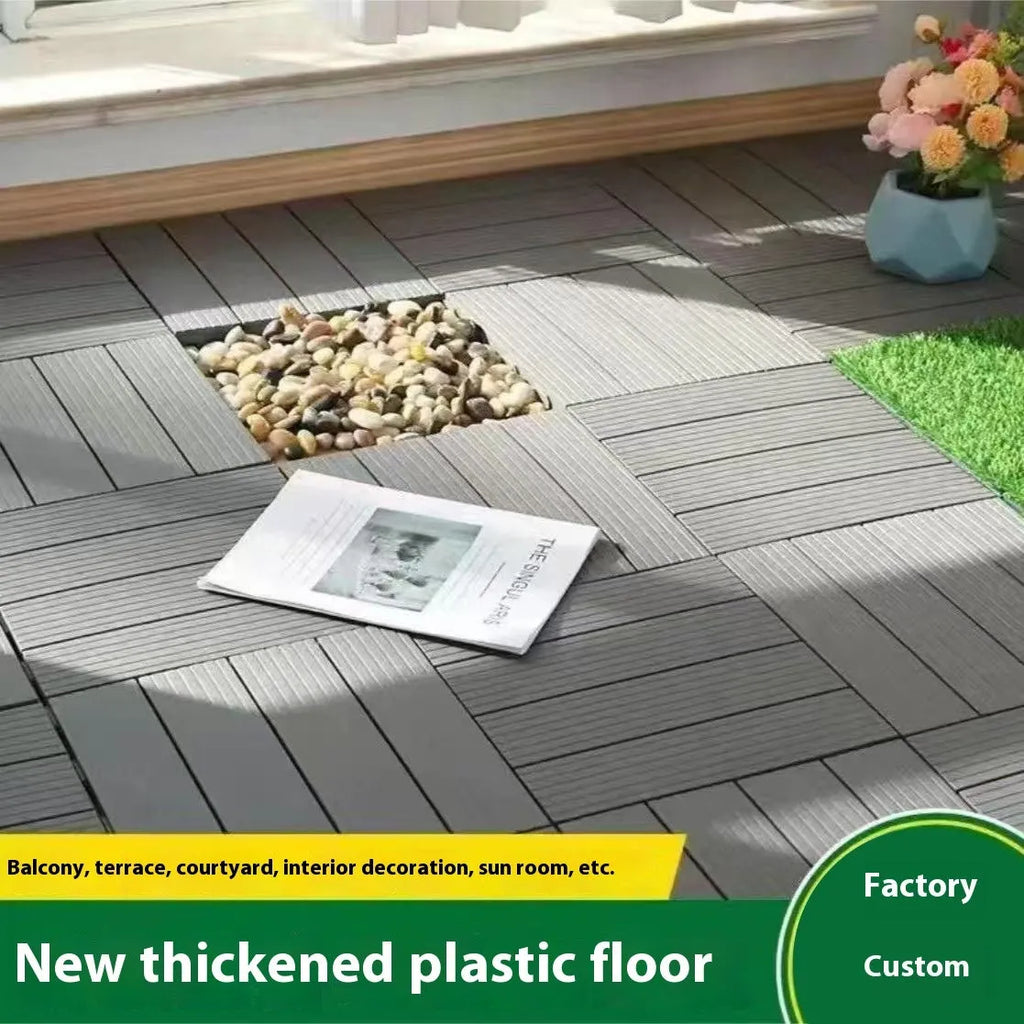 Ten wood grain plastic floor tiles showing non-slip surface and splicing edges.