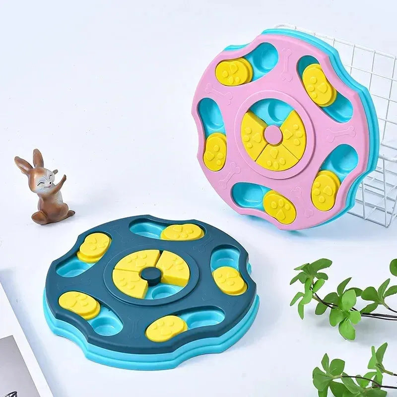 Blue dog puzzle food bowl with sliding compartments for interactive feeding games