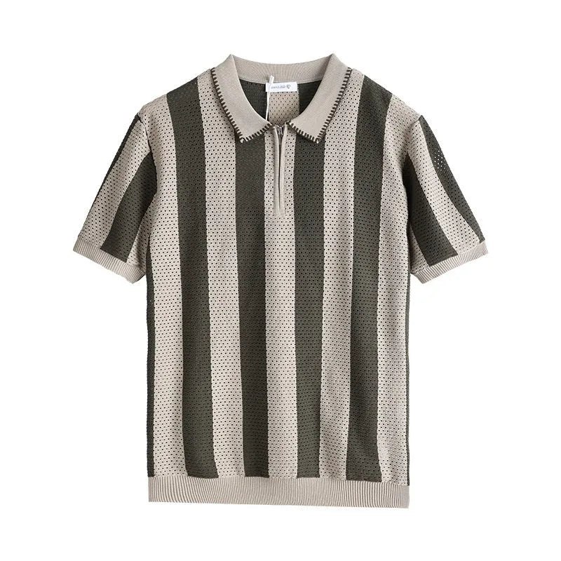 Men's striped short sleeve sweater in viscose ice silk with zipper decoration details