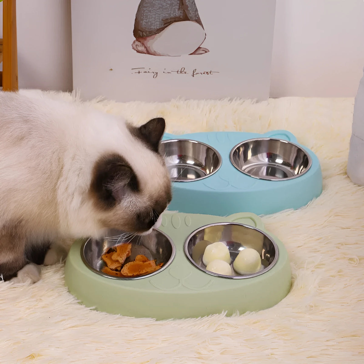 Blue stainless steel cat face bowl for feeding and watering cats, 13 cm diameter