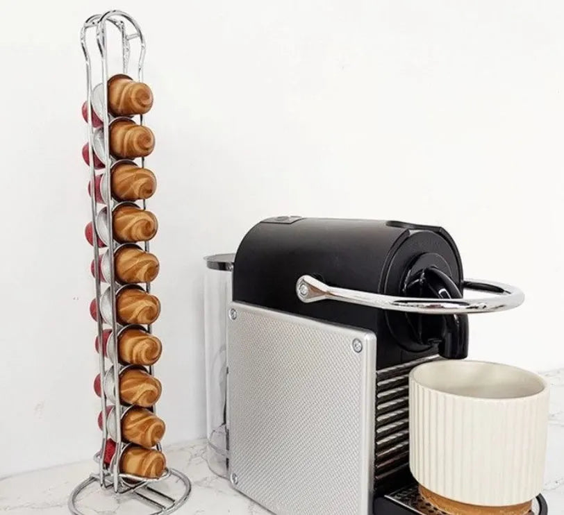 Iron coffee capsule storage rack holding pods on tiered shelves with compact dimensions