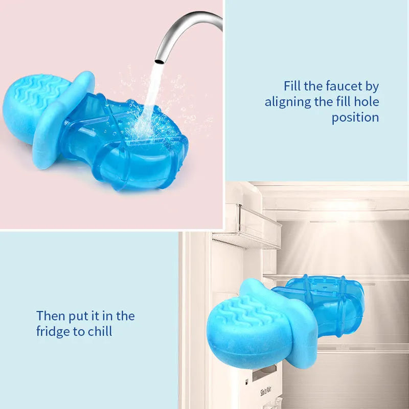 Set of three water-filled ice cold dog toys: pacifier, popsicle and ring styles for summer cooling
