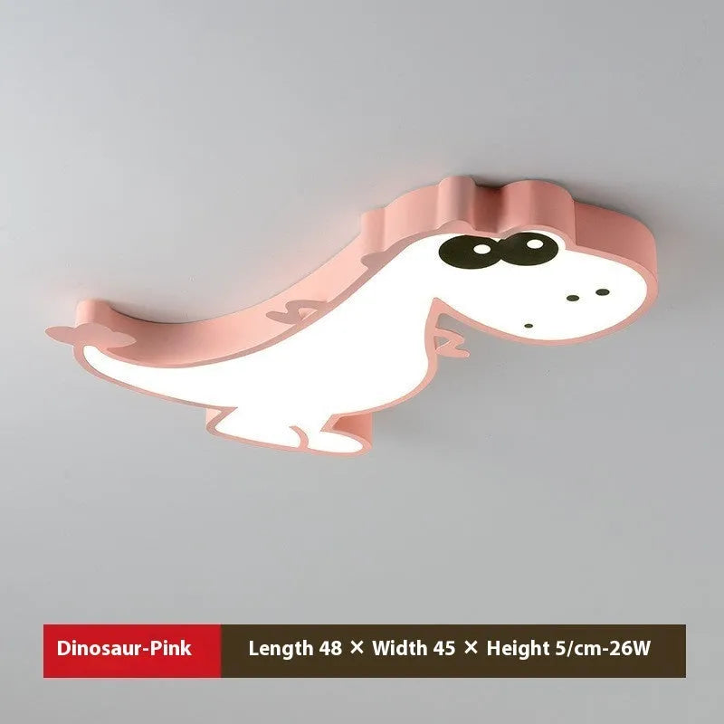 48cm wide ceiling light with a cartoon dinosaur print on a white PVC shade and a silver aluminium body.