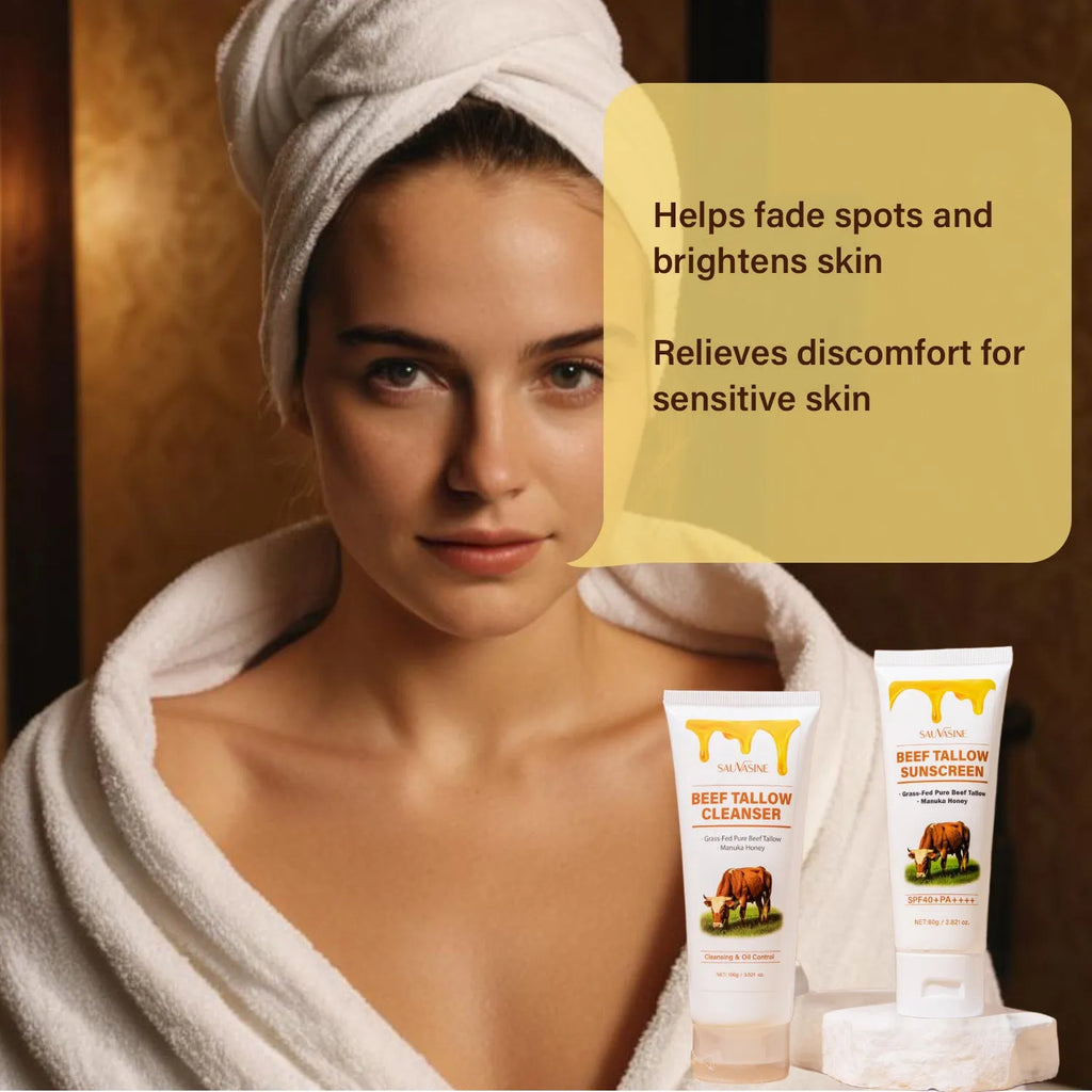Seven-piece skincare set showing facial cleanser, face cream, lip balm, protective cream, body lotion, facial scrub, and beef tallow products