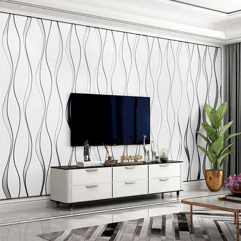 Curve stripe 3D background wallpaper roll in light grey and dark brown deerskin velvet finish.