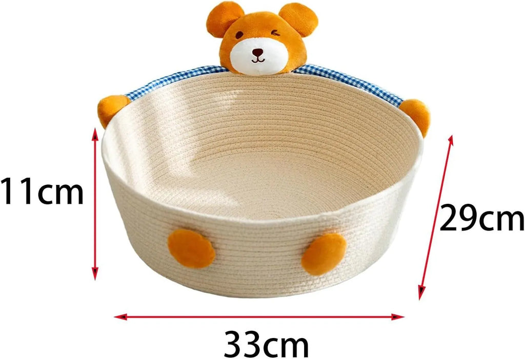Cotton rope woven basket cat bed with integrated scratching surface, shown in bear design.