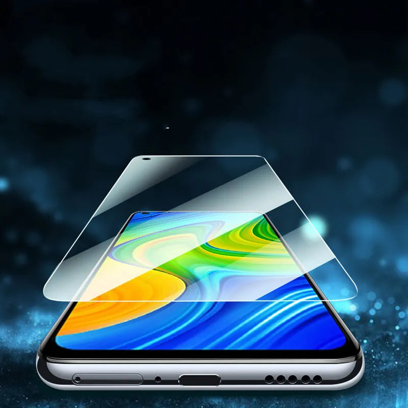 A full-screen tempered glass screen protector for Xiaomi smartphones, shown with anti-scratch and anti-fingerprint features.