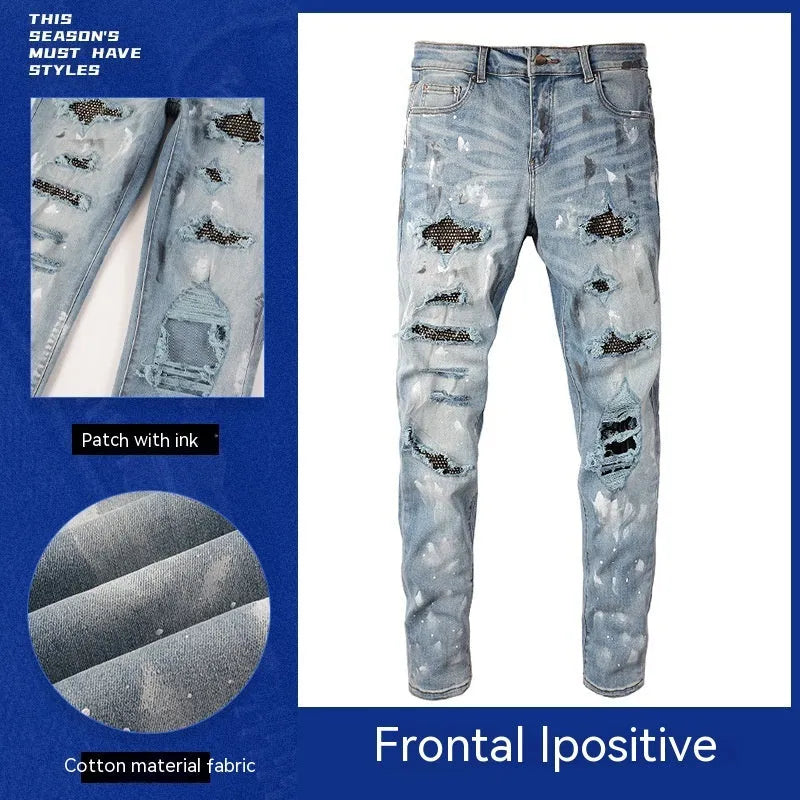 Blue denim stretch retro ripped diamond jeans for men with diamond pattern tears, front view