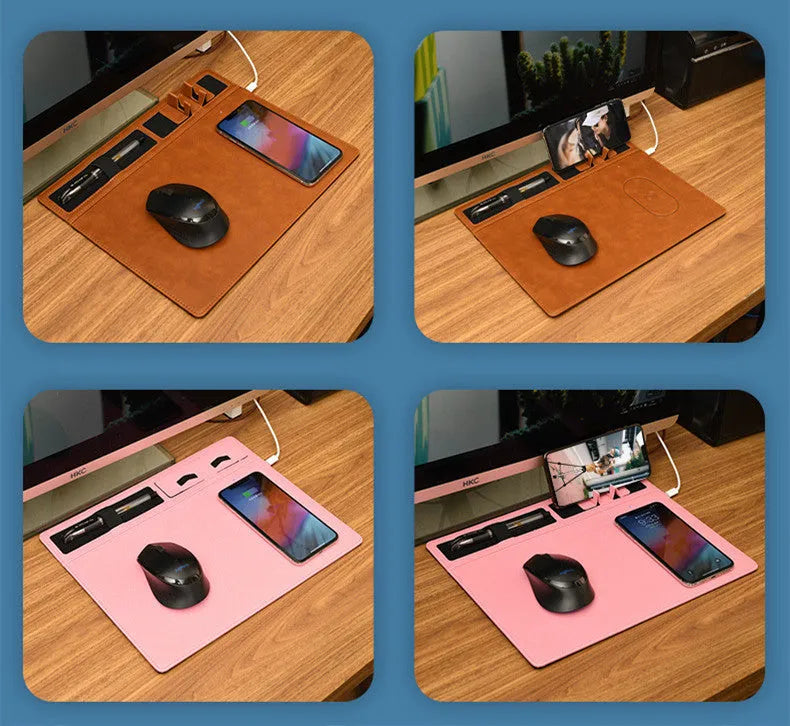 Pink wireless charging mouse pad with integrated phone holder on a desk