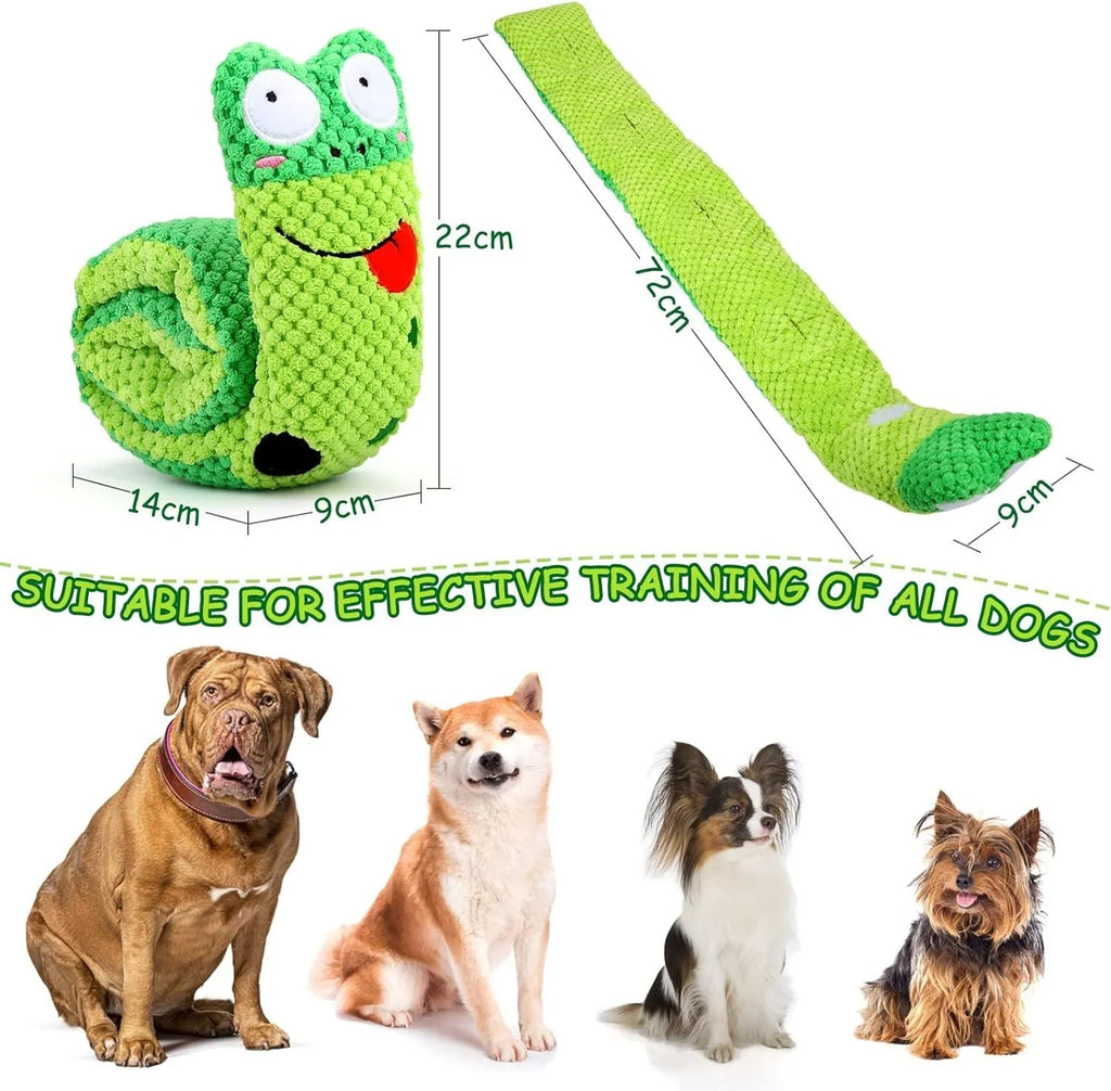 Velvet dog puzzle toy with squeaker in transformable snail and stick shapes for foraging training