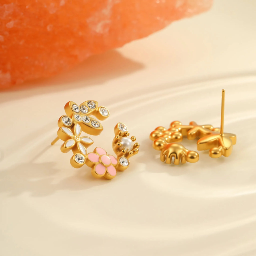 Flower petal stud earrings in 18K stainless steel with electroplated finish