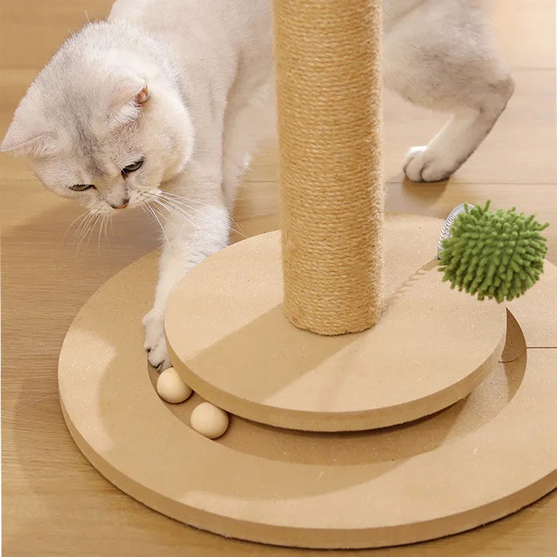 Vertical cat climbing frame with hemp rope scratching posts in natural beige canna colour