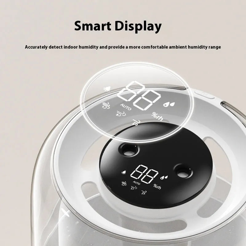 Beige round USB humidifier with dual spray nozzles, humidity display, and gear controls.