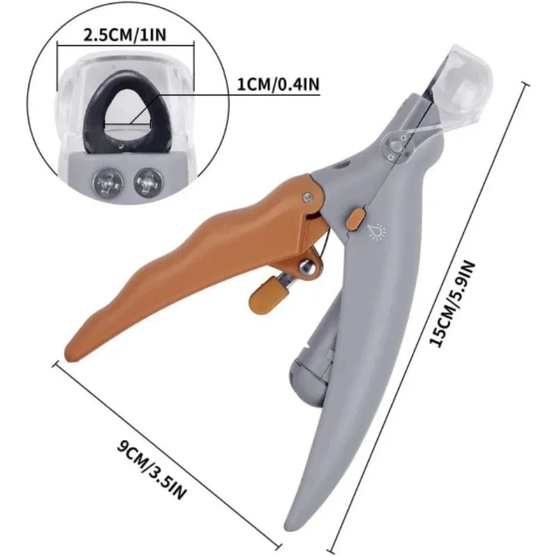 Yellow pet nail clipper with built-in LED light and magnifying glass for grooming dogs and cats.