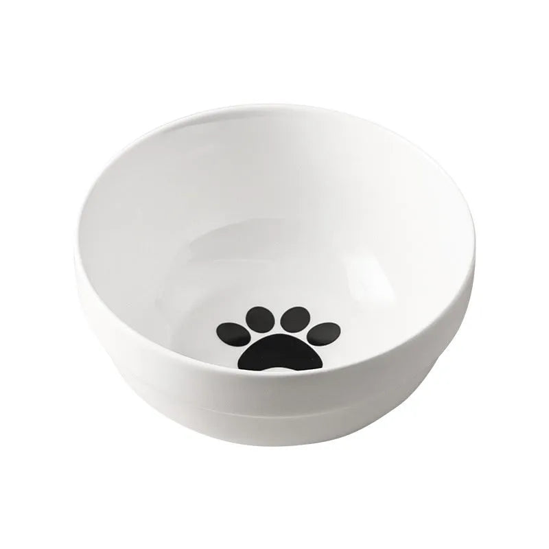 White ceramic cat bowl with iron frame in cat footprints design