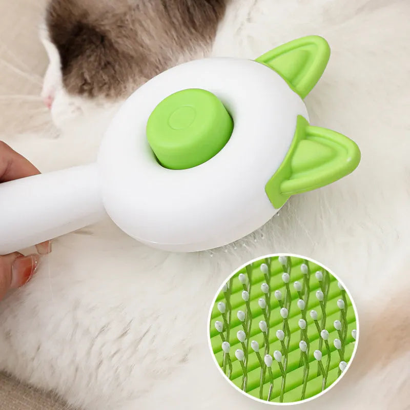 Self-cleaning cat grooming brush with stainless steel teeth and TPR massage nodes in two-tone colours