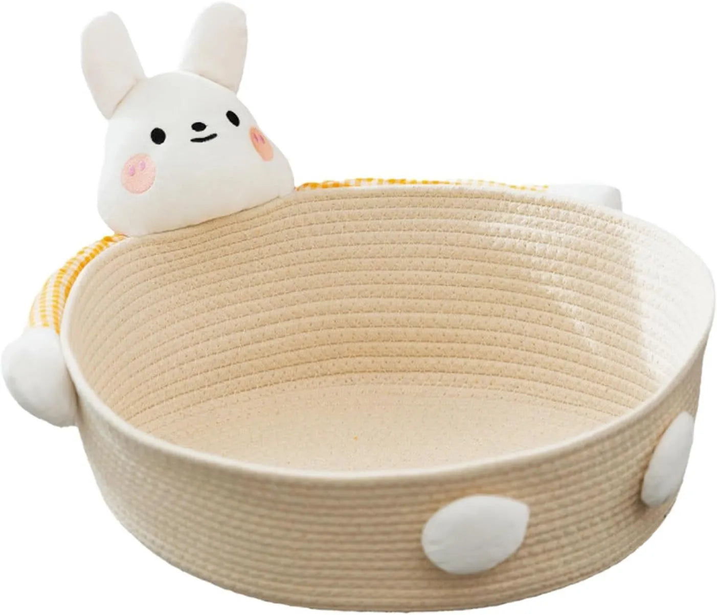 Cotton rope woven basket cat bed with integrated scratching surface, shown in bear design.