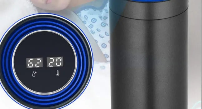 Aluminium alloy car air purifier with USB cable, negative ion generator, and air quality display.